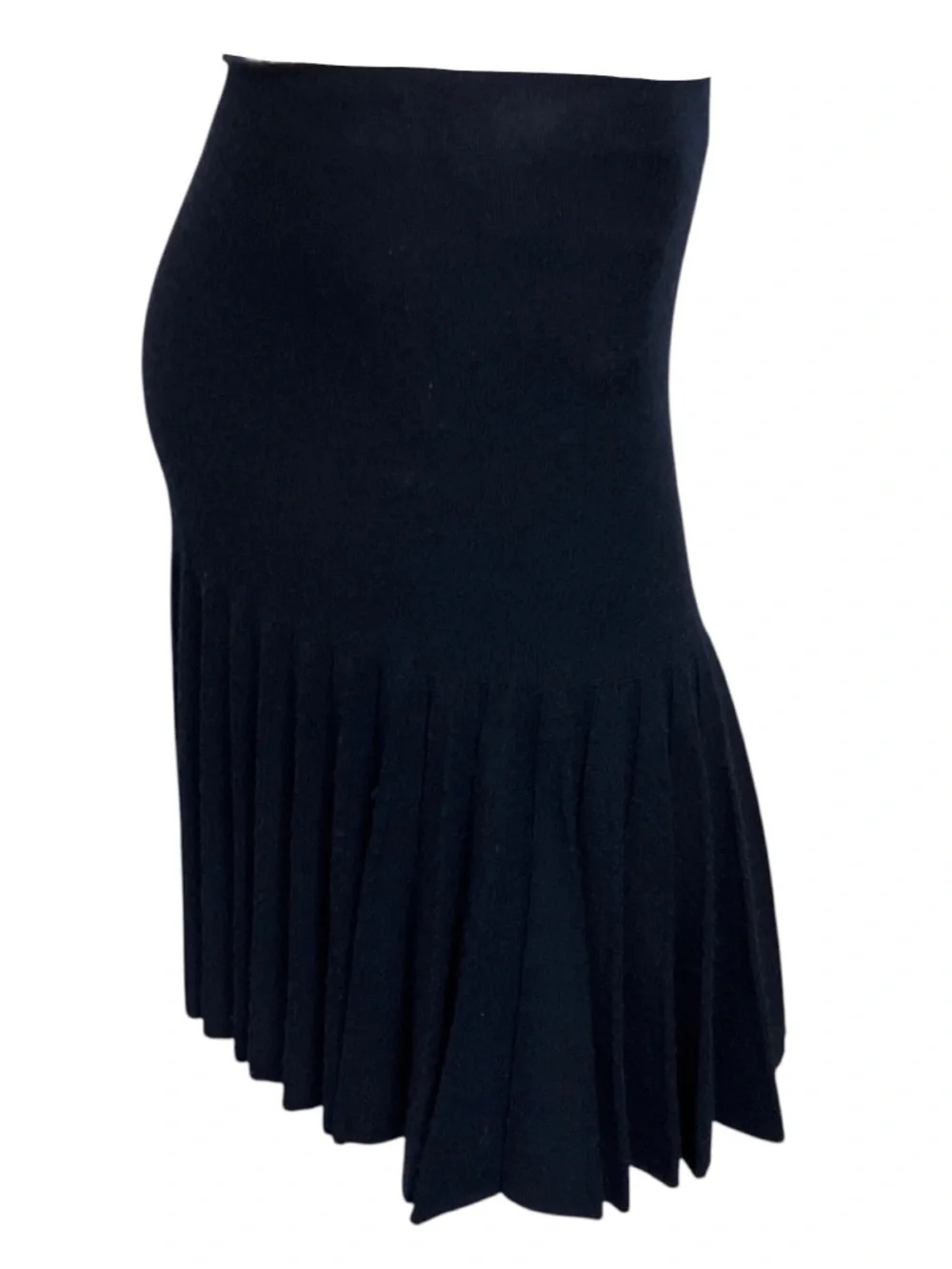 CHANEL NAVY BLUE PLEATED WOOL AND CASHMERE KNIT SKIRT WITH CC LOGO GLOBE PLATE